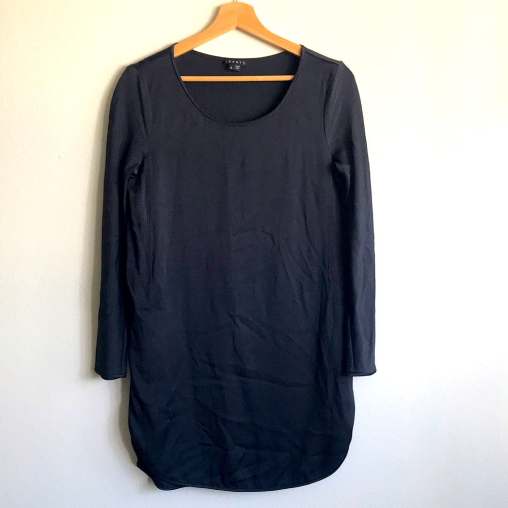 Theory 'Nisla' Navy Blue Tulip Apron Dress Scoop Neck Long Sleeve Shift Size 6